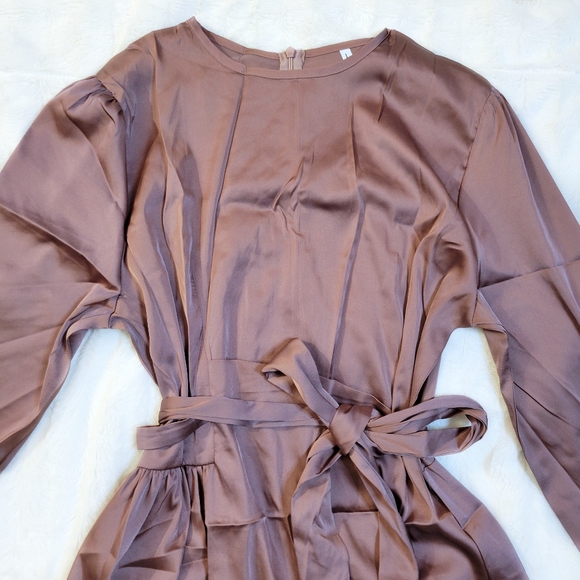 Chocolate Brown Satin Dress Long Sleeve Gown Side Slit Long Sleeve Size L - Picture 3 of 6